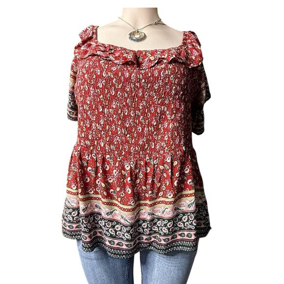 Maurices Tops - Maurices Ruffled Paisley Peasant Top Size 4X in Red and Black